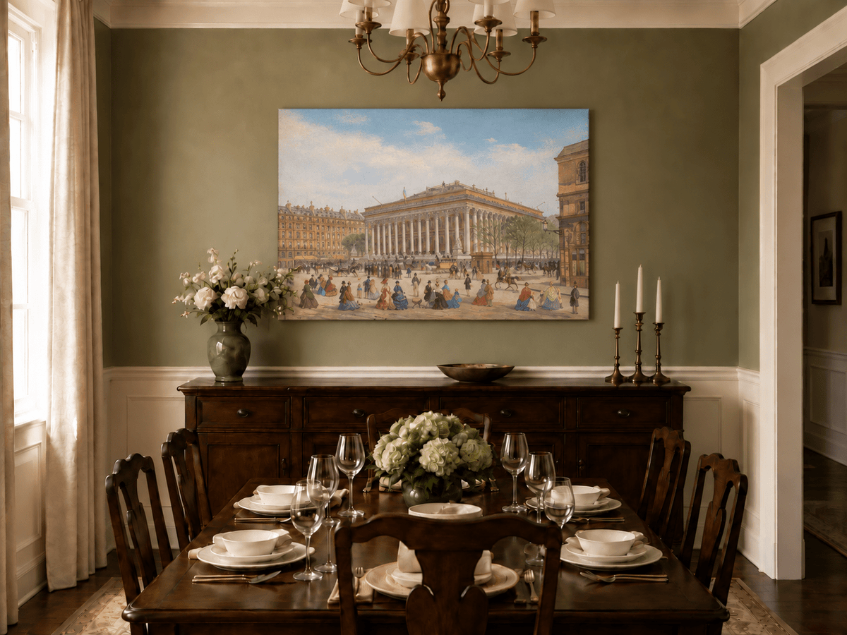 Peinture à l'huile de paysage - Église de la Madeleine : Façade néoclassique et