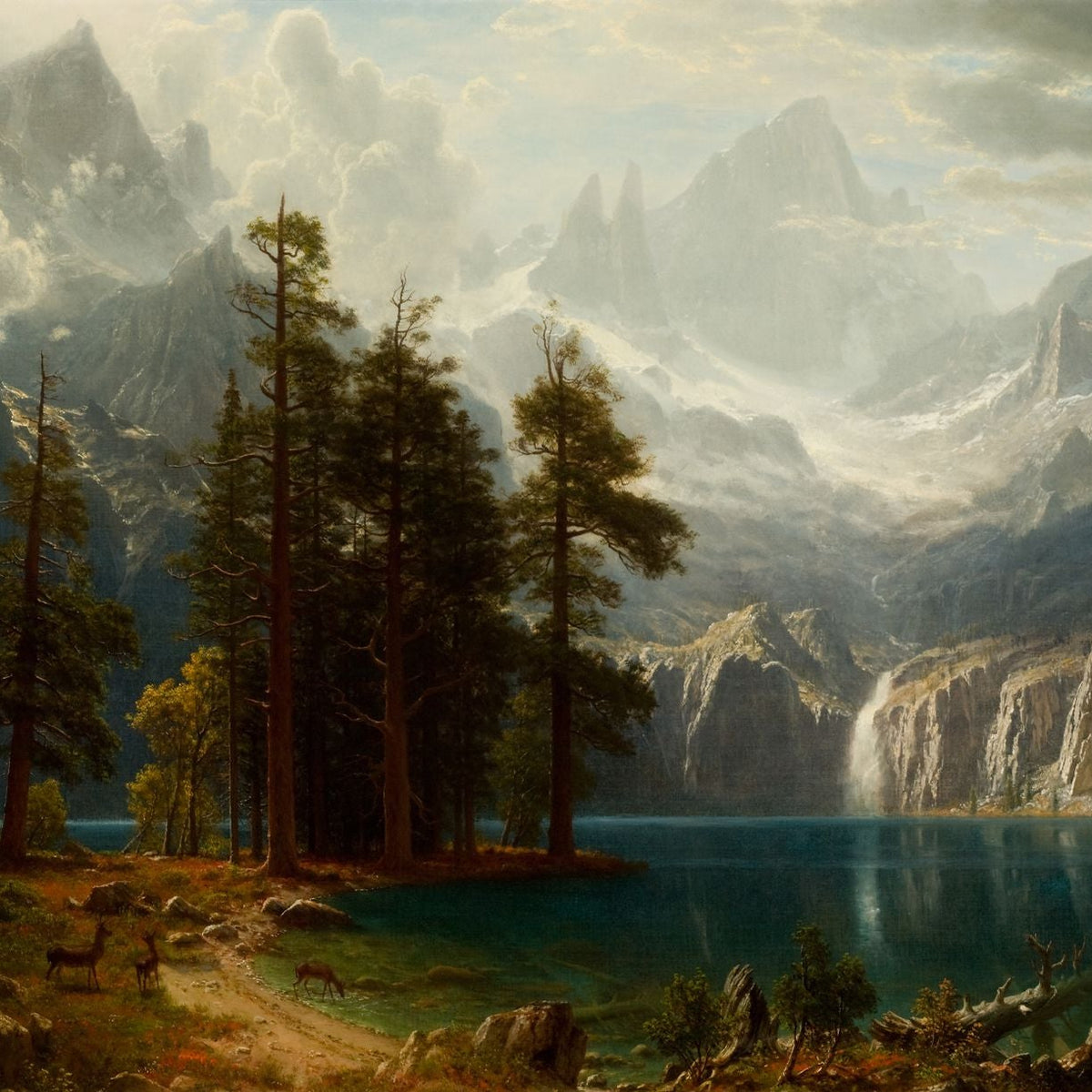 Landscape Oil Painting - Majestic Mountain Lake, Waterfall, Forest, and Misty Skies - Oil Painting Haven
