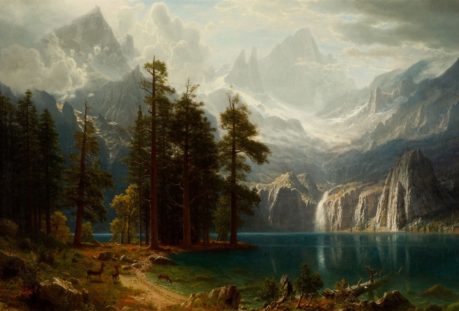 Landscape Oil Painting - Majestic Mountain Lake, Waterfall, Forest, and Misty Skies - Oil Painting Haven