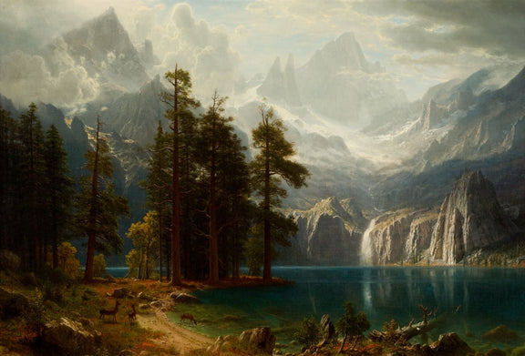 Landscape Oil Painting - Majestic Mountain Lake, Waterfall, Forest, and Misty Skies - Oil Painting Haven