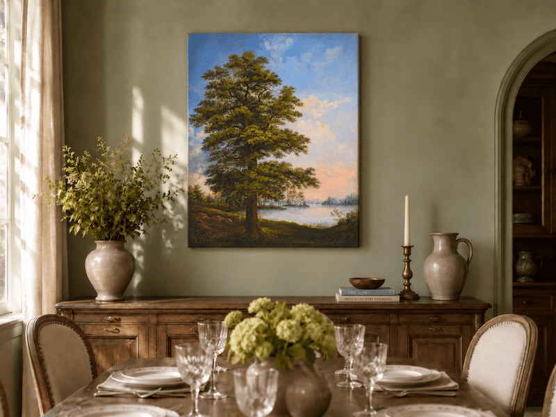 Landscape Oil Painting - Majestic Tree Quiet Lakeside Sunset