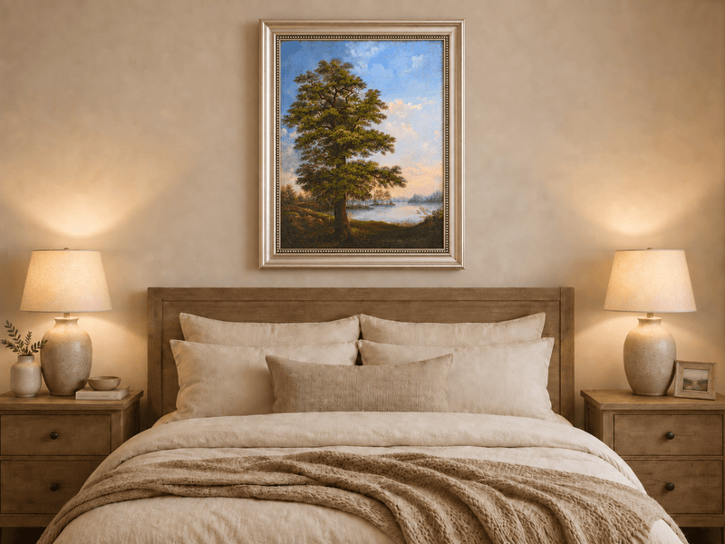Landscape Oil Painting - Majestic Tree Quiet Lakeside Sunset