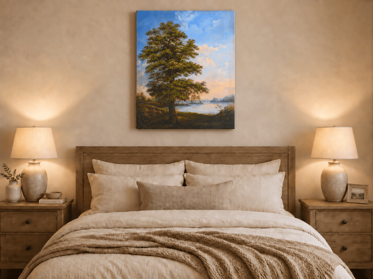 Landscape Oil Painting - Majestic Tree Quiet Lakeside Sunset