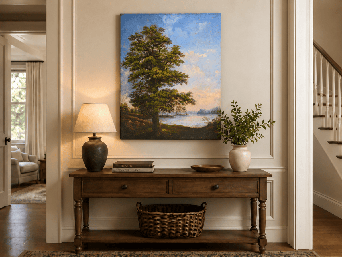 Landscape Oil Painting - Majestic Tree Quiet Lakeside Sunset