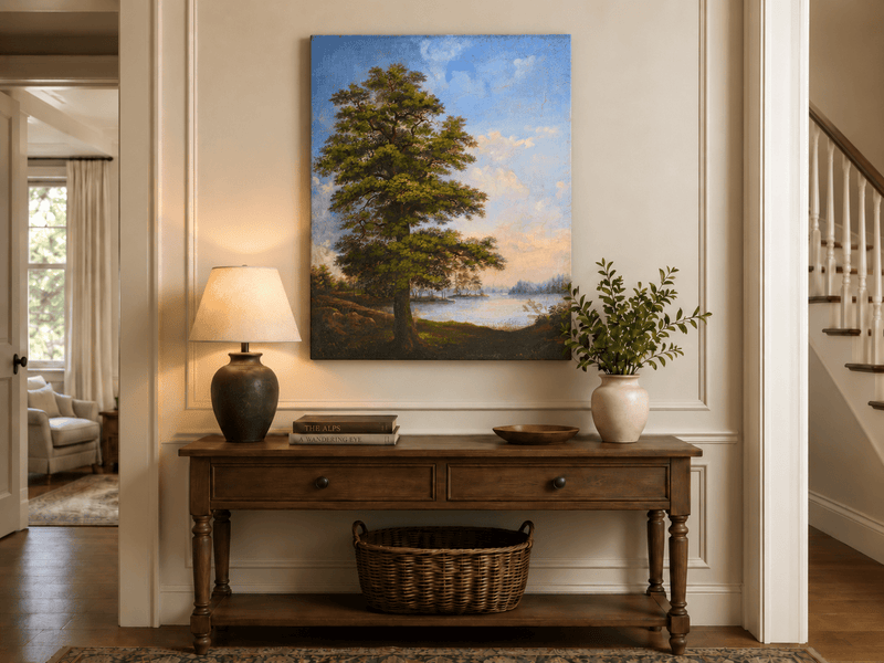 Landscape Oil Painting - Majestic Tree Quiet Lakeside Sunset