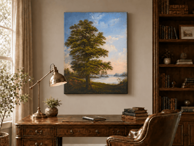 Landscape Oil Painting - Majestic Tree Quiet Lakeside Sunset