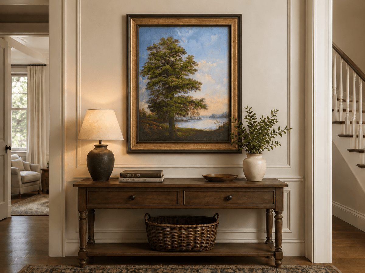Landscape Oil Painting - Majestic Tree Quiet Lakeside Sunset