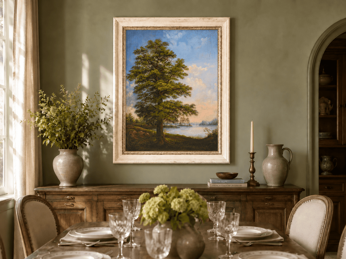 Landscape Oil Painting - Majestic Tree Quiet Lakeside Sunset