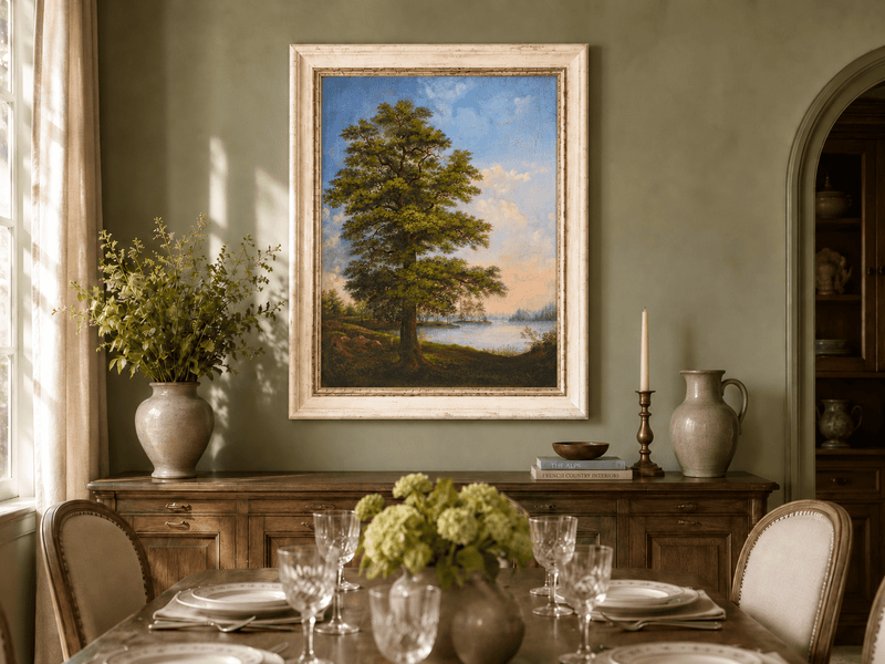Landscape Oil Painting - Majestic Tree Quiet Lakeside Sunset