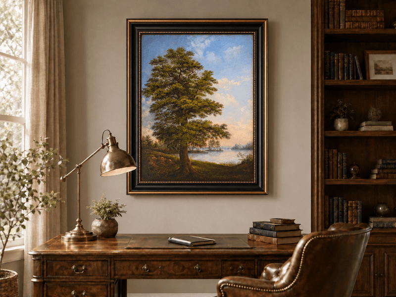 Landscape Oil Painting - Majestic Tree Quiet Lakeside Sunset