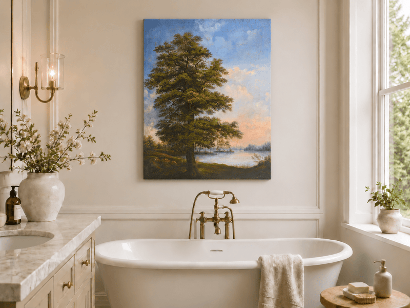 Landscape Oil Painting - Majestic Tree Quiet Lakeside Sunset