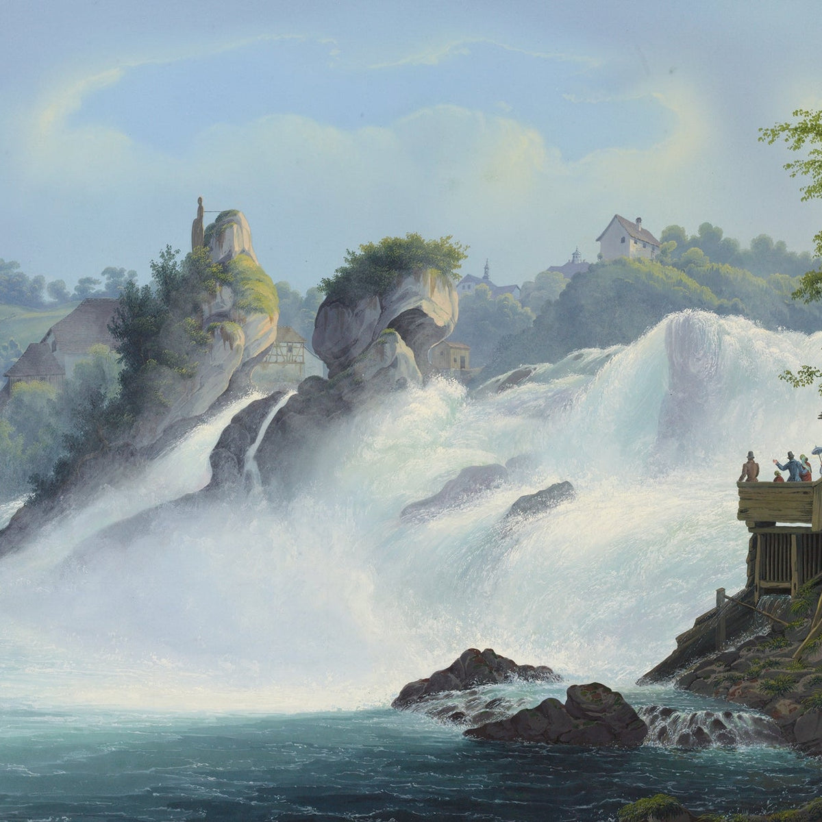 Hand-painted majestic waterfall and riverside view landscape oil painting on canvas