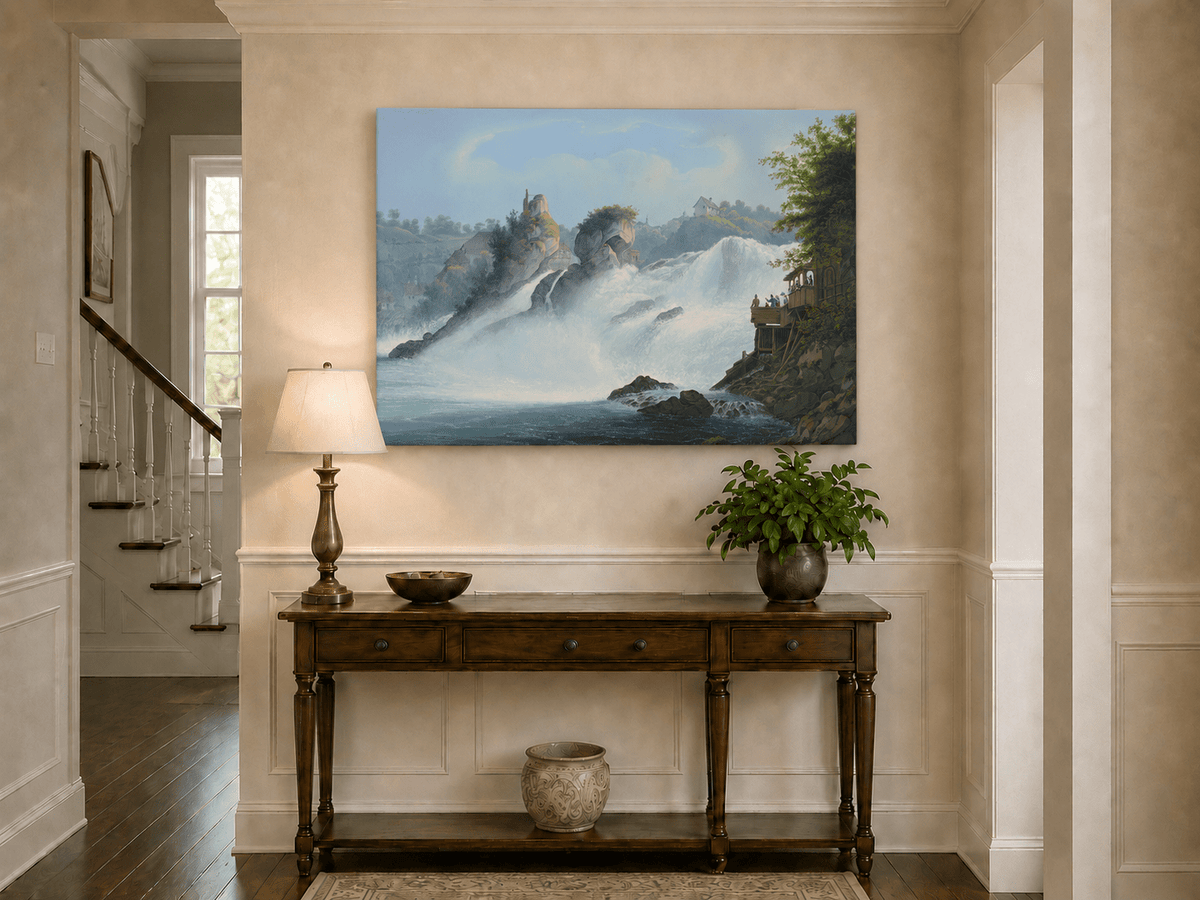 Landscape Oil Painting - Majestic Waterfall and Riverside View