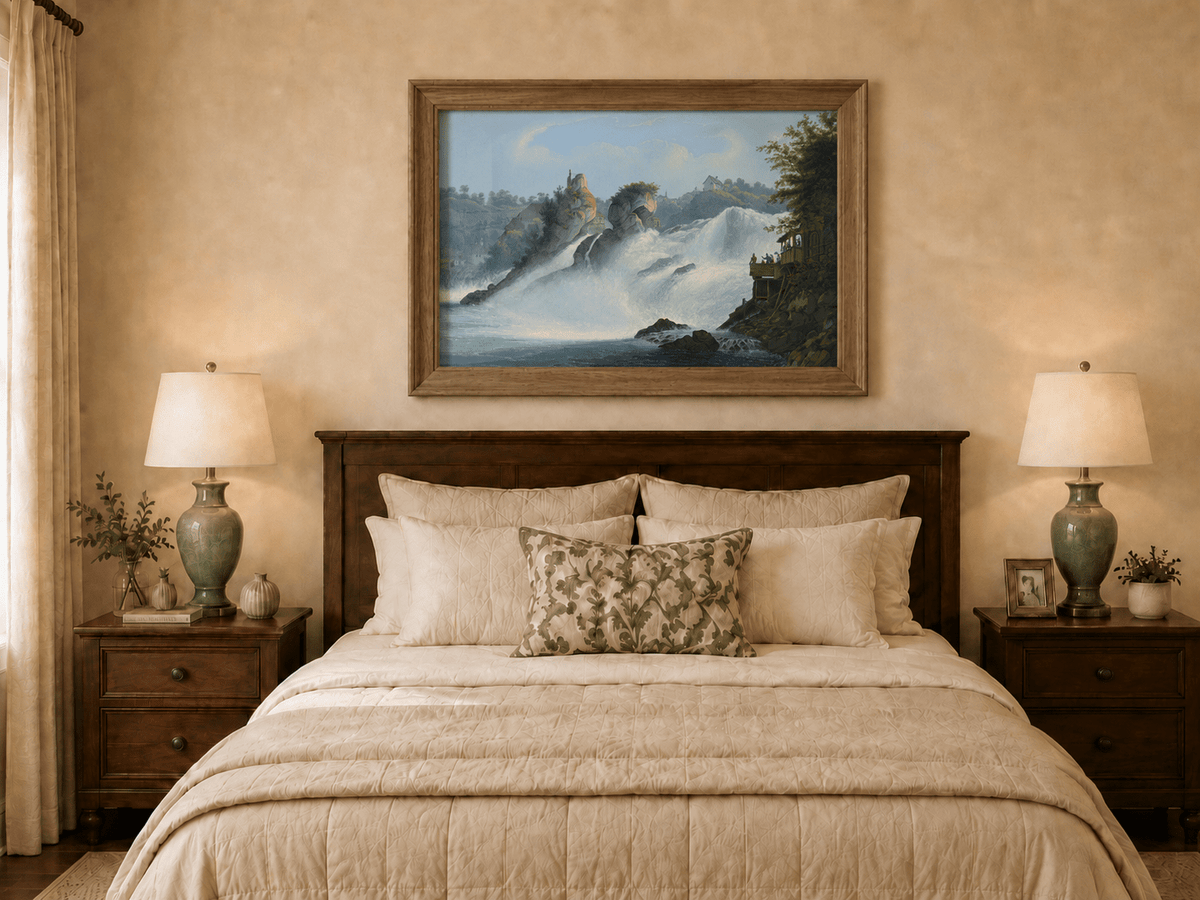 Landscape Oil Painting - Majestic Waterfall and Riverside View
