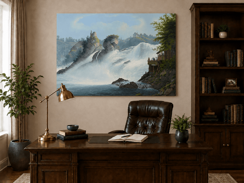 Landscape Oil Painting - Majestic Waterfall and Riverside View