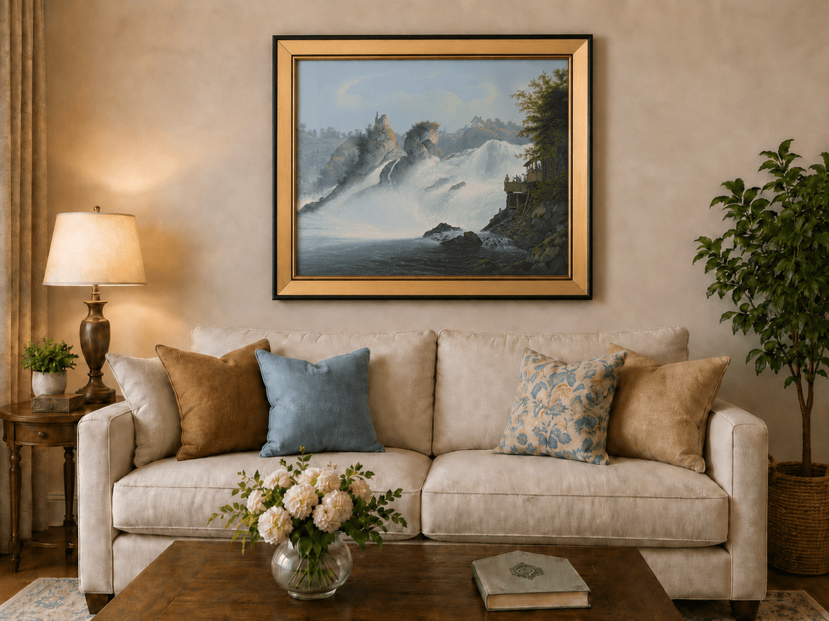 Landscape Oil Painting - Majestic Waterfall and Riverside View