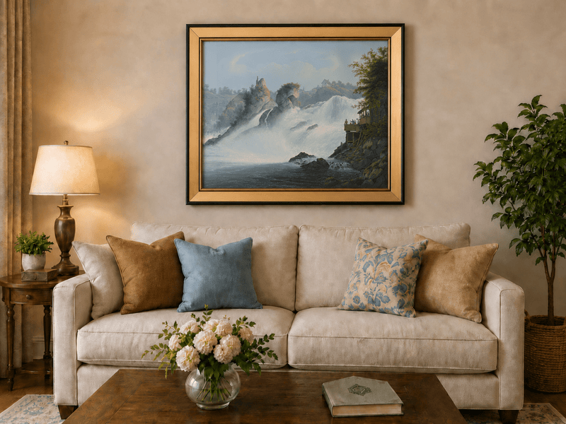 Landscape Oil Painting - Majestic Waterfall and Riverside View
