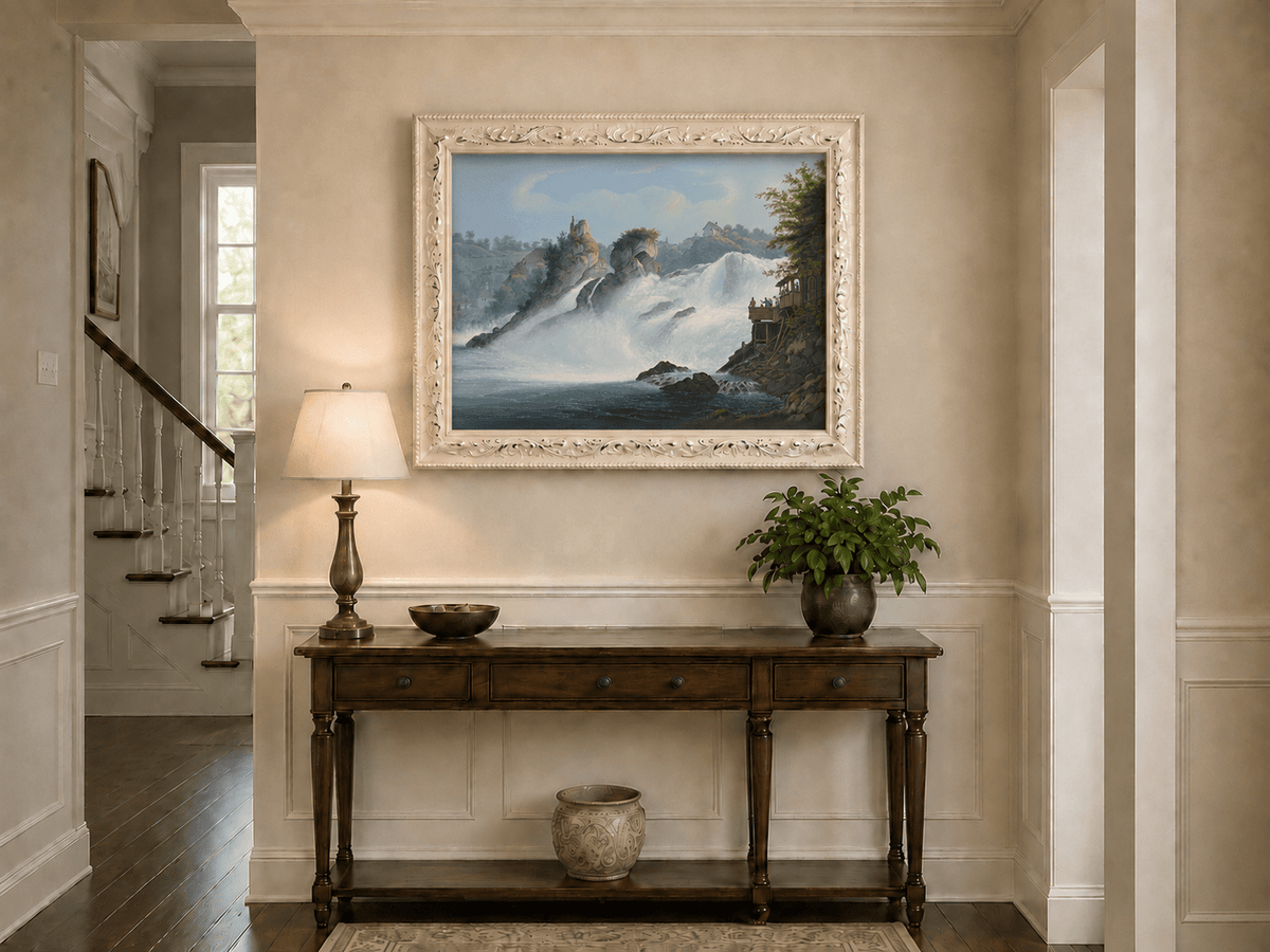 Landscape Oil Painting - Majestic Waterfall and Riverside View