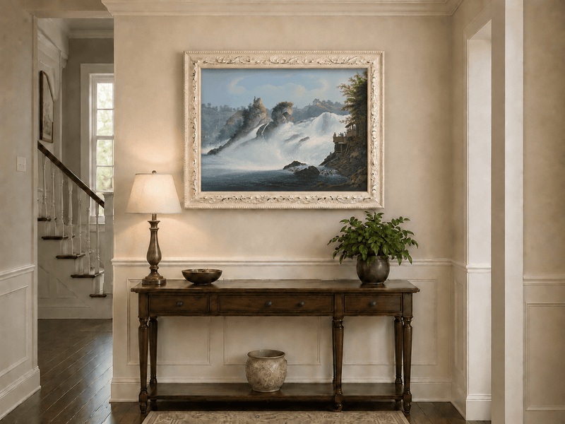 Landscape Oil Painting - Majestic Waterfall and Riverside View