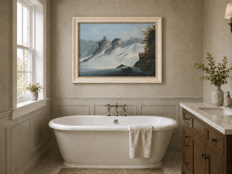 Landscape Oil Painting - Majestic Waterfall and Riverside View