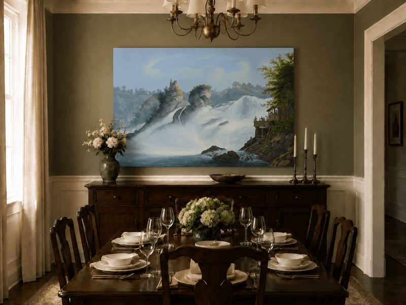 Landscape Oil Painting - Majestic Waterfall and Riverside View
