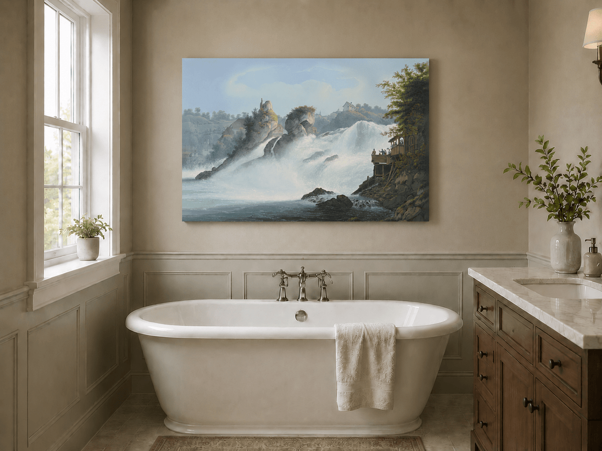 Landscape Oil Painting - Majestic Waterfall and Riverside View