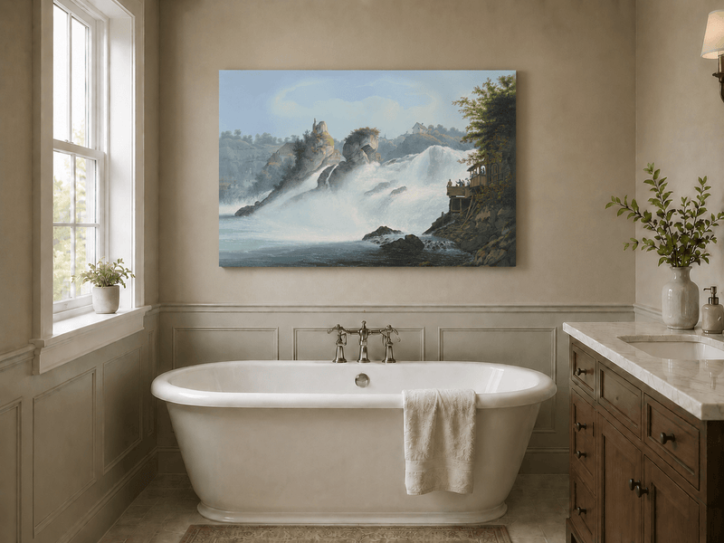 Landscape Oil Painting - Majestic Waterfall and Riverside View