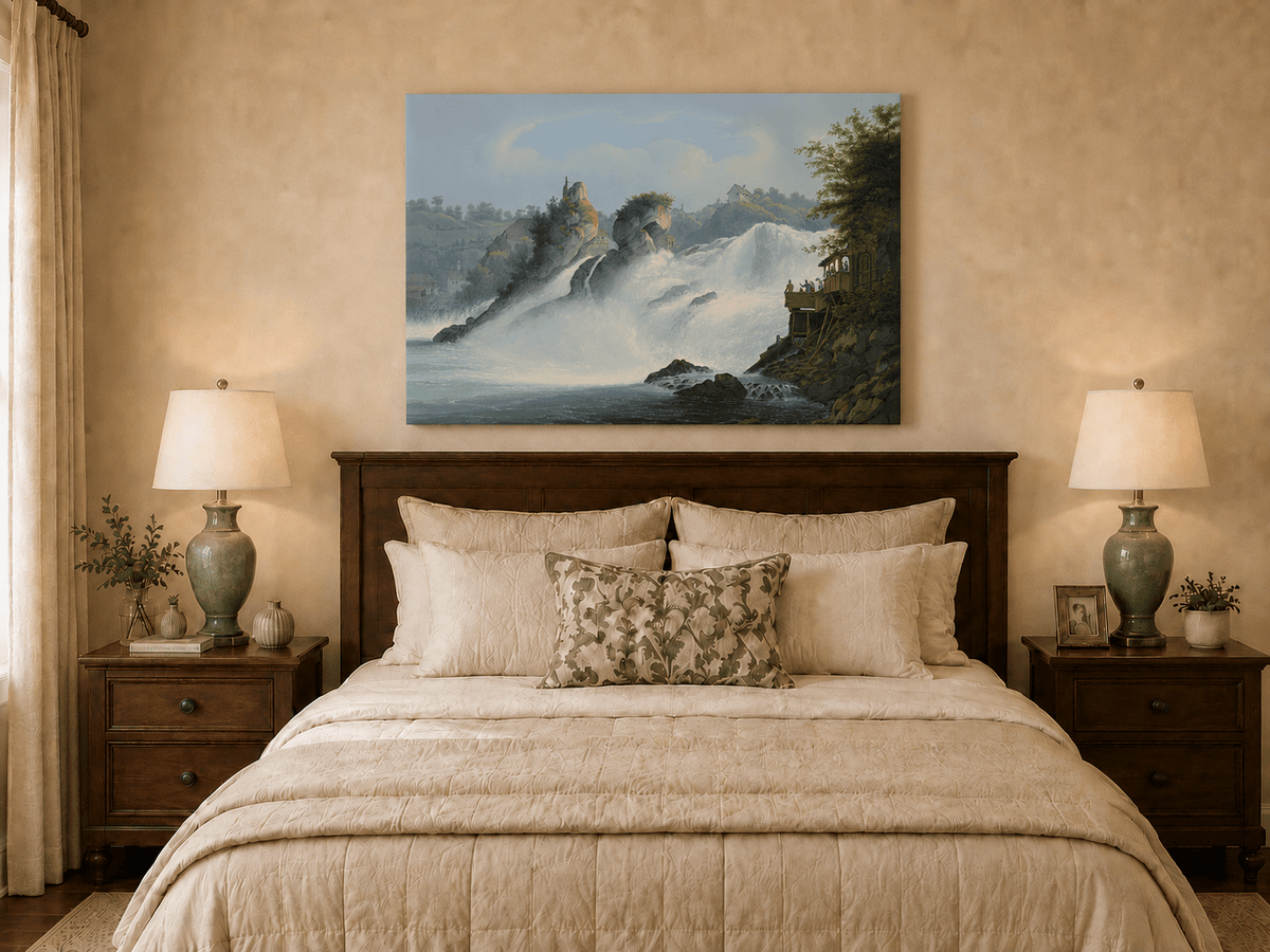 Landscape Oil Painting - Majestic Waterfall and Riverside View