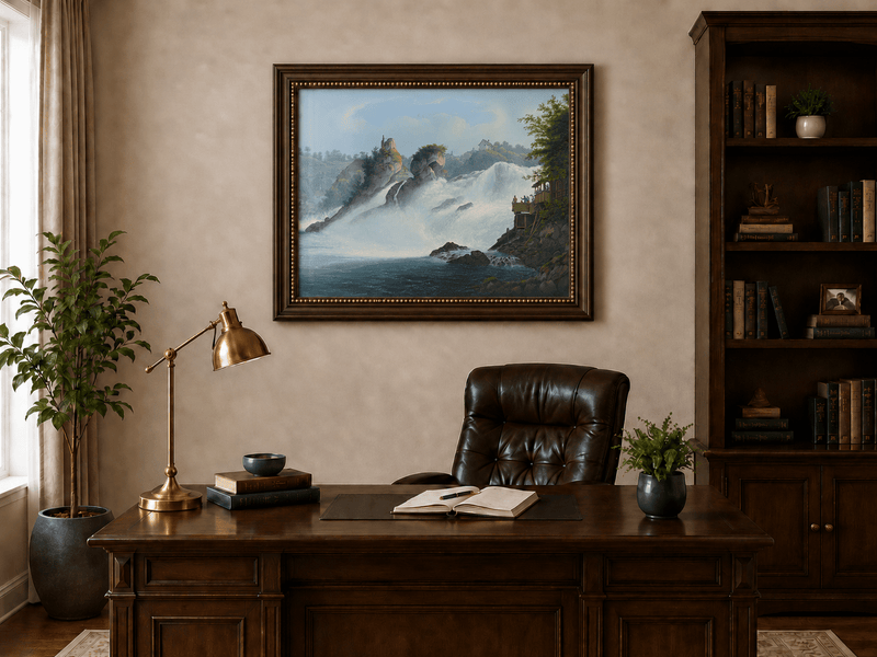 Landscape Oil Painting - Majestic Waterfall and Riverside View
