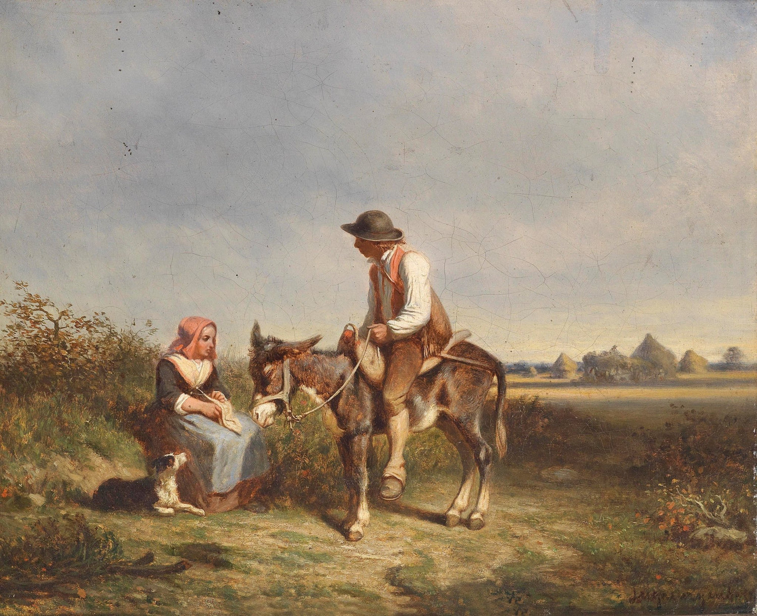 Landscape Oil Painting - Man on Donkey, Woman, Dog & Rural Field - Oil Painting Haven