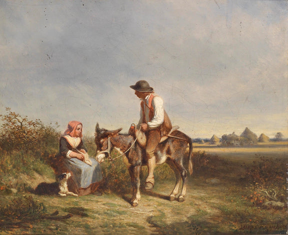 Landscape Oil Painting - Man on Donkey, Woman, Dog & Rural Field - Oil Painting Haven