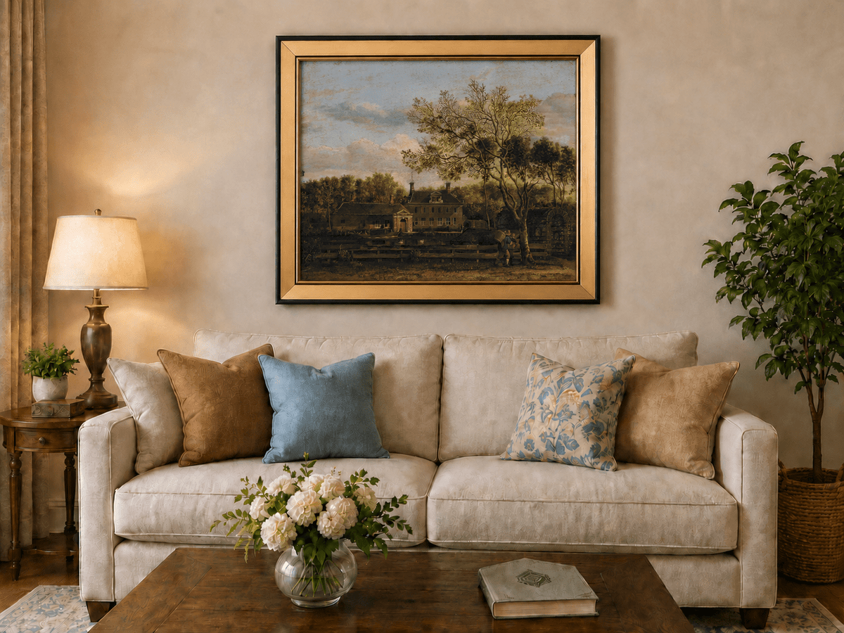 Landscape Oil Painting - Manor House by the Pond with Tall Trees
