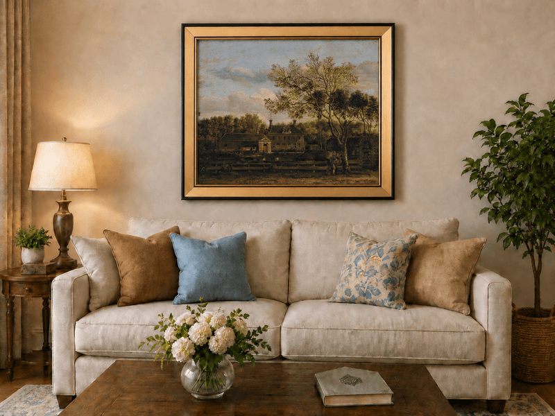 Landscape Oil Painting - Manor House by the Pond with Tall Trees