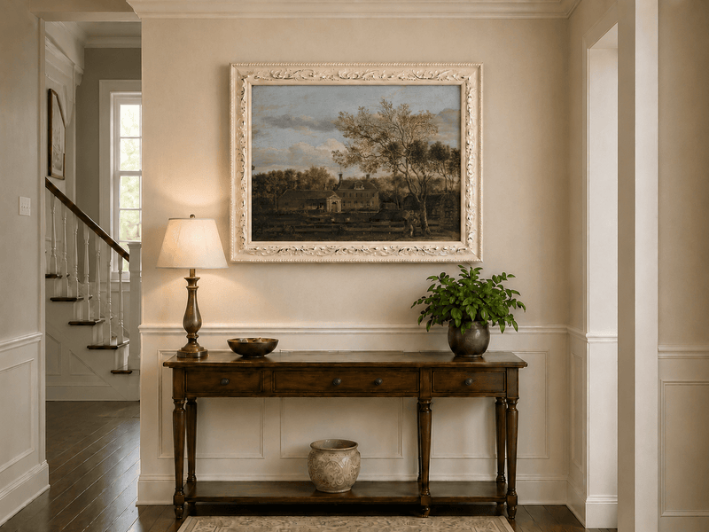 Landscape Oil Painting - Manor House by the Pond with Tall Trees