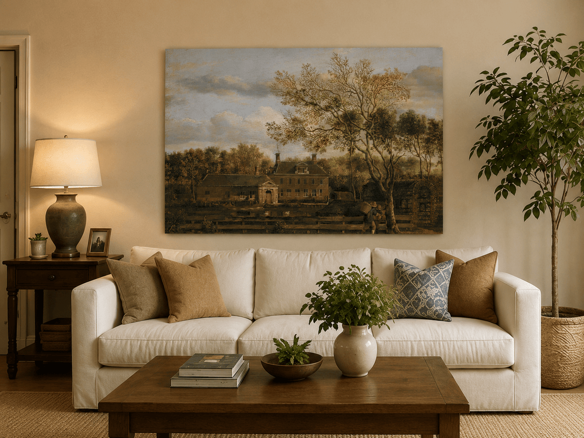 Landscape Oil Painting - Manor House by the Pond with Tall Trees