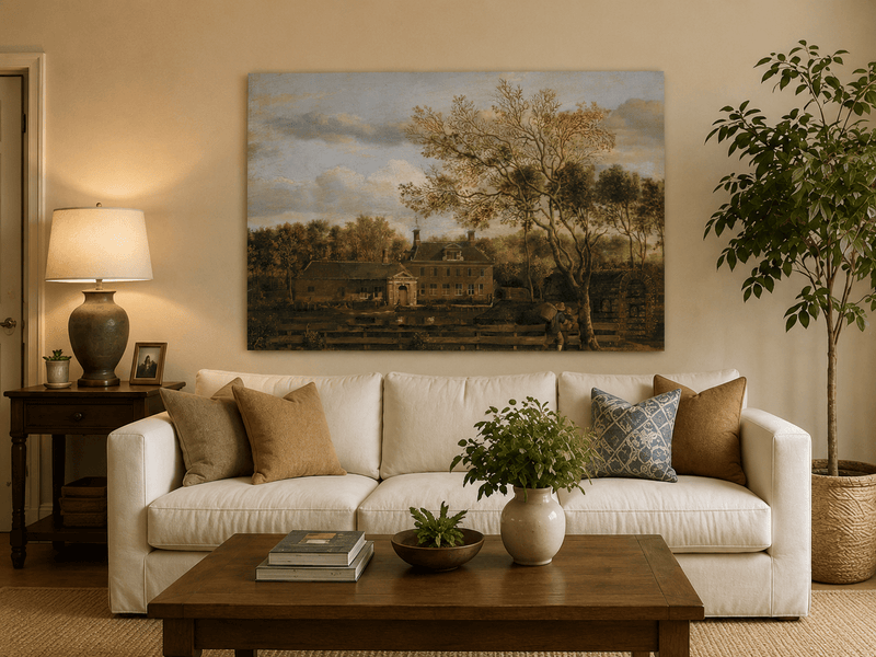 Landscape Oil Painting - Manor House by the Pond with Tall Trees
