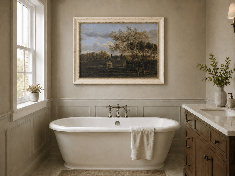 Landscape Oil Painting - Manor House by the Pond with Tall Trees