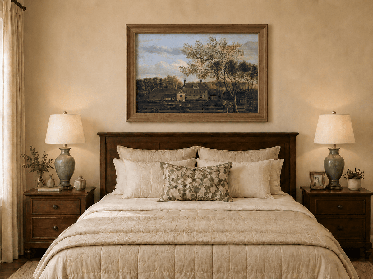 Landscape Oil Painting - Manor House by the Pond with Tall Trees