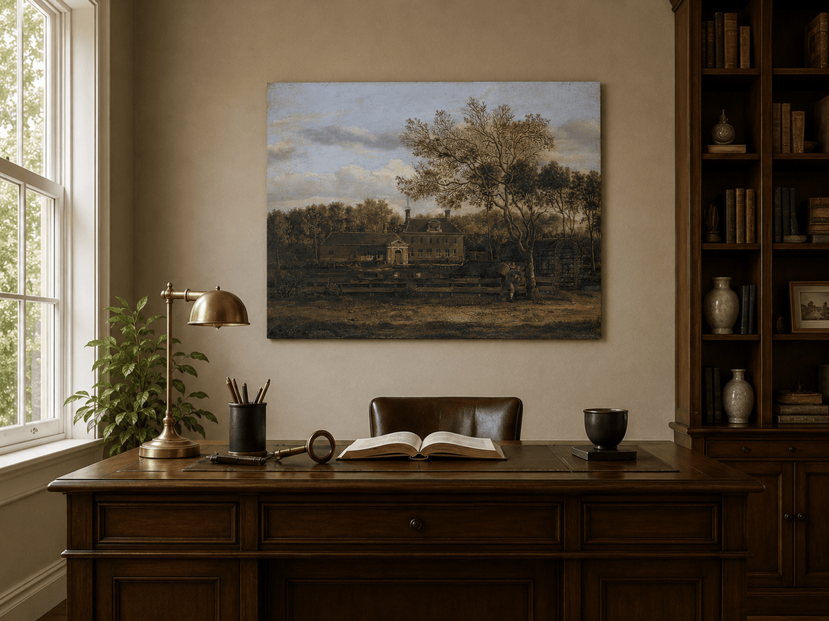 Landscape Oil Painting - Manor House by the Pond with Tall Trees