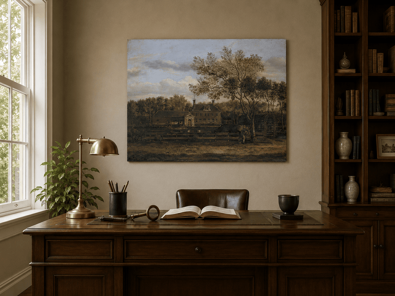 Landscape Oil Painting - Manor House by the Pond with Tall Trees