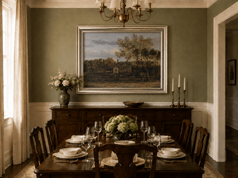 Landscape Oil Painting - Manor House by the Pond with Tall Trees