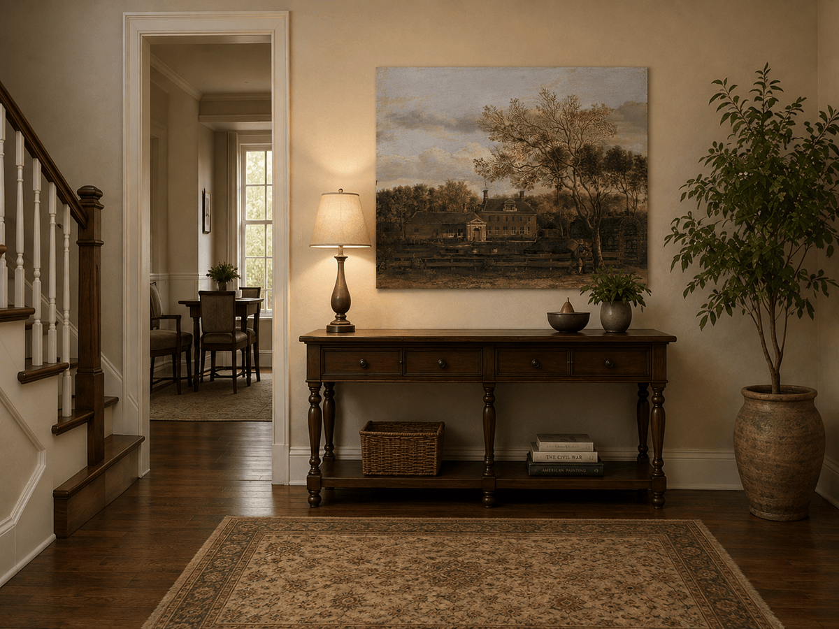 Landscape Oil Painting - Manor House by the Pond with Tall Trees