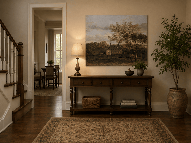 Landscape Oil Painting - Manor House by the Pond with Tall Trees
