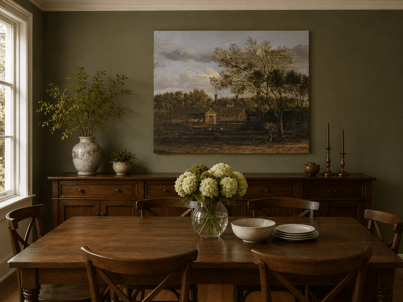Landscape Oil Painting - Manor House by the Pond with Tall Trees