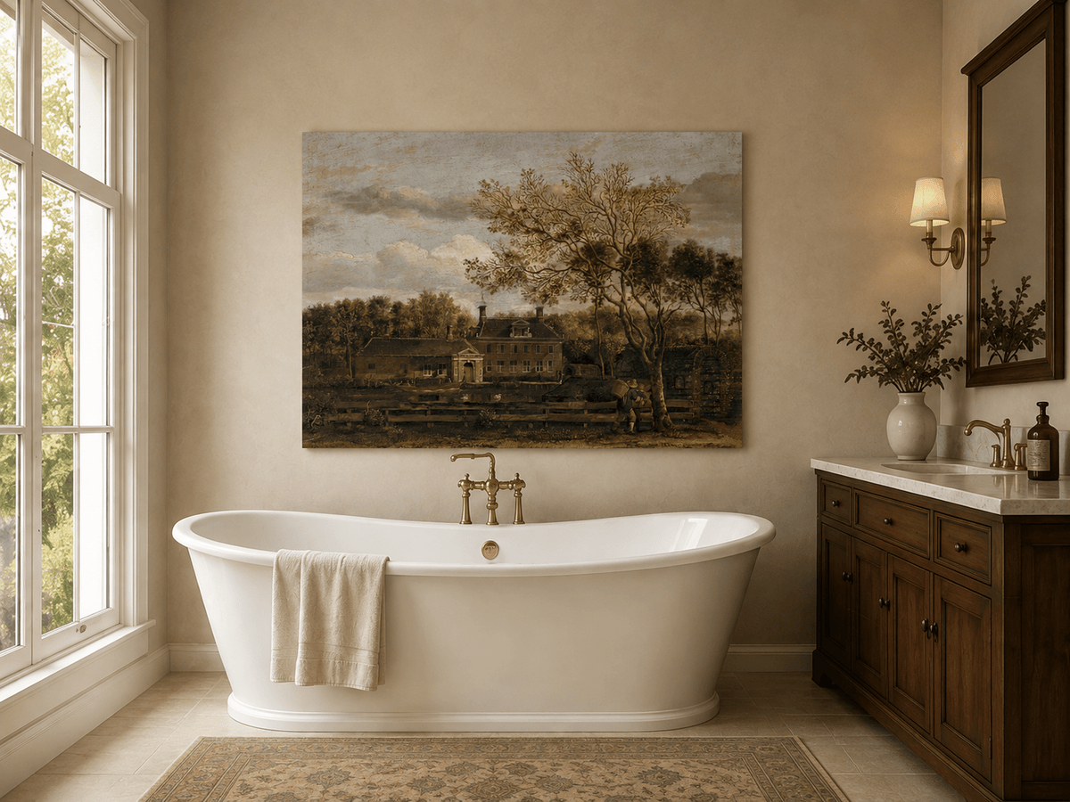 Landscape Oil Painting - Manor House by the Pond with Tall Trees