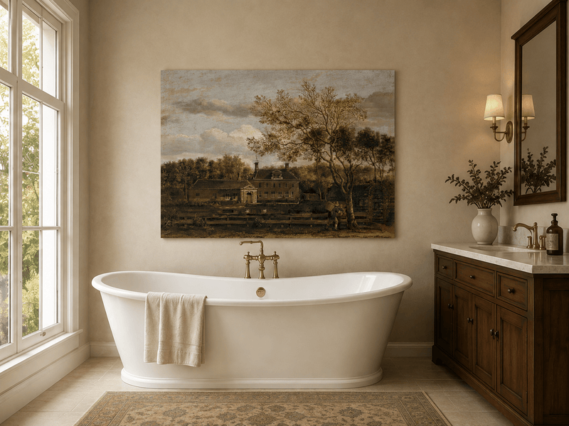 Landscape Oil Painting - Manor House by the Pond with Tall Trees