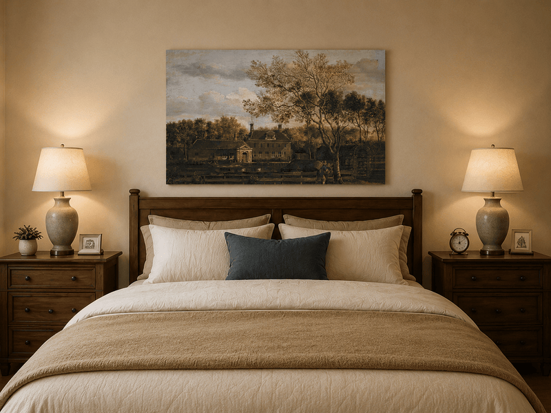 Landscape Oil Painting - Manor House by the Pond with Tall Trees