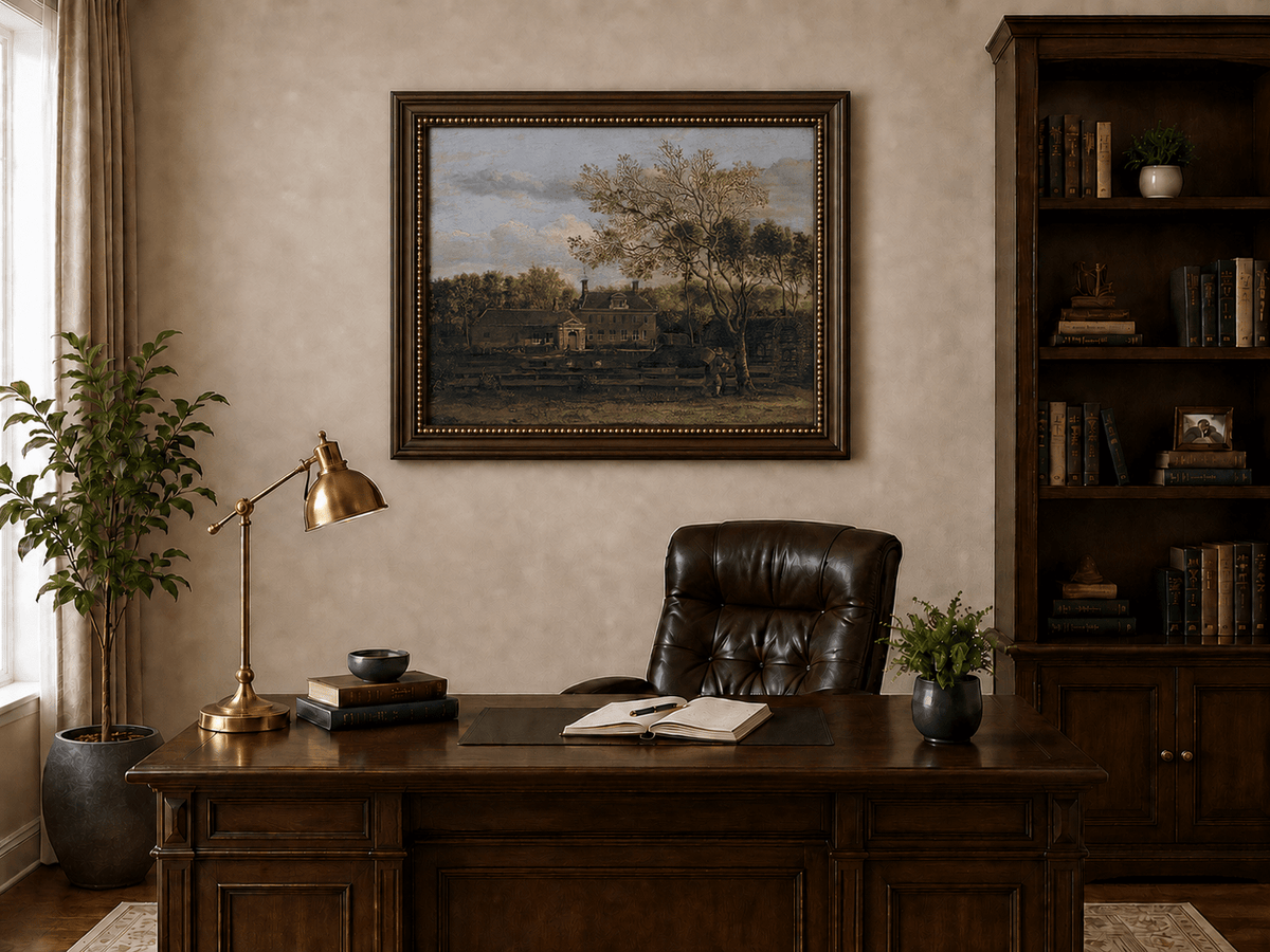 Landscape Oil Painting - Manor House by the Pond with Tall Trees