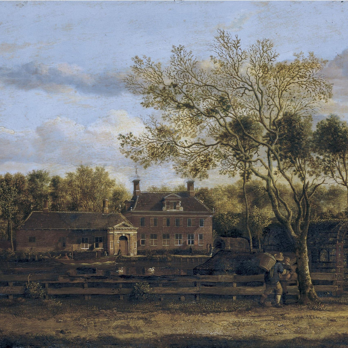 Hand-painted manor house by the pond with tall trees landscape oil painting on canvas