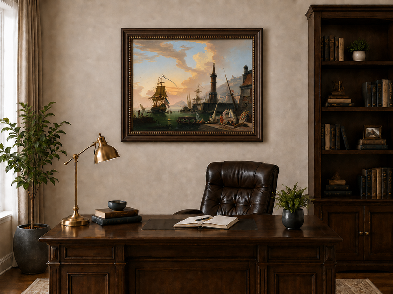 Maritime harbor with lighthouse and ships landscape oil painting presented in an interior wall art mockup.